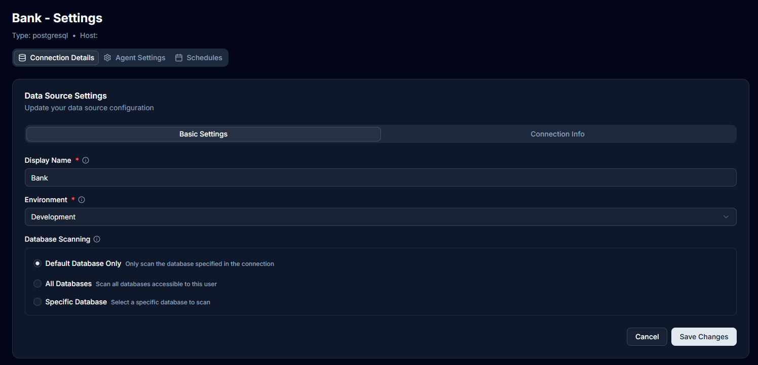 Settings page with three tabs