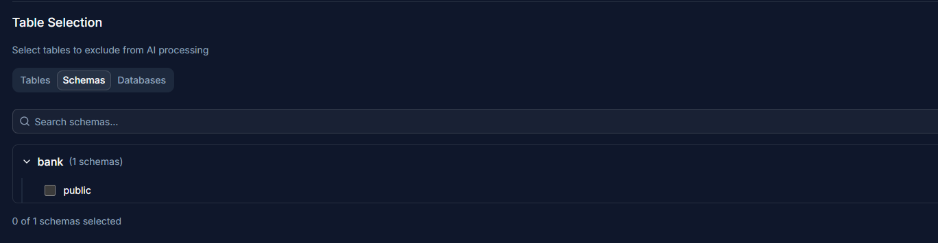 Table/schema selection tabs