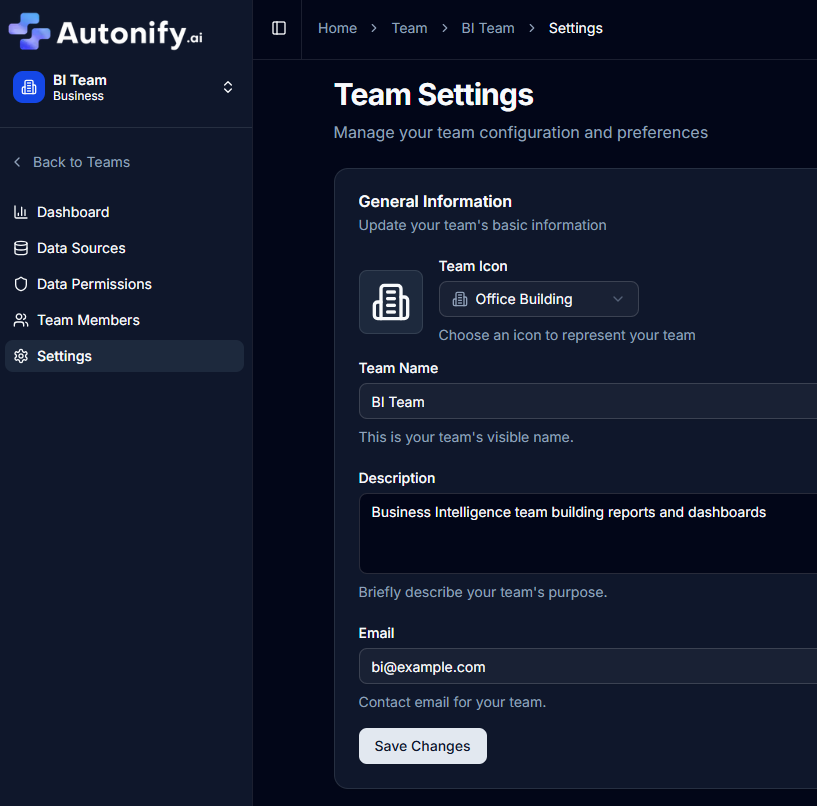 Team Settings Navigation